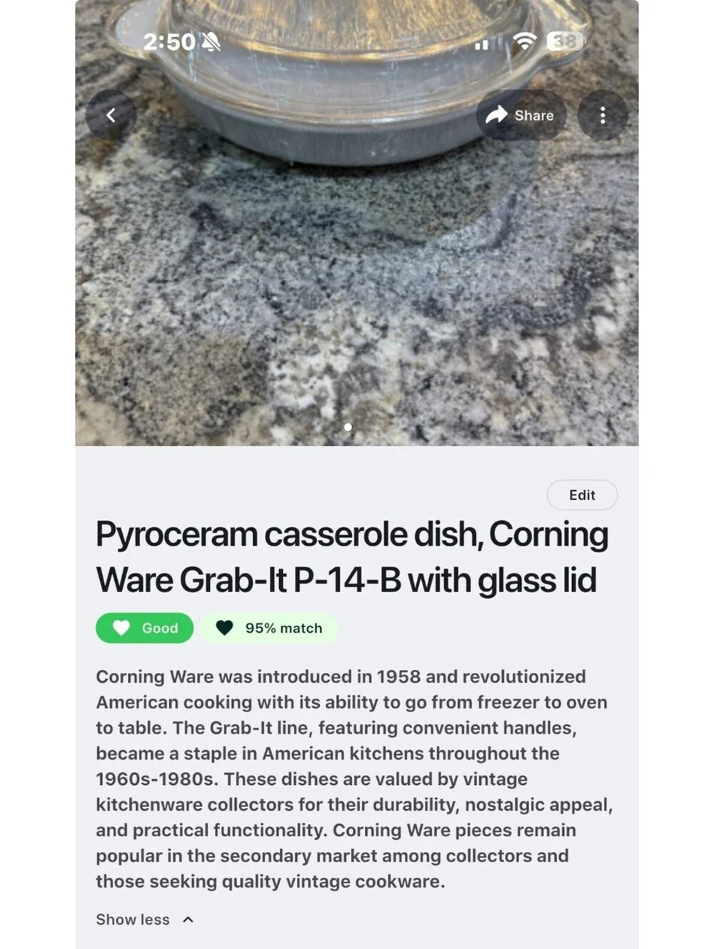 Corning Ware Pyroceram Grab-It P-14-B Casserole Dish with Glass Lid 14 Ounce